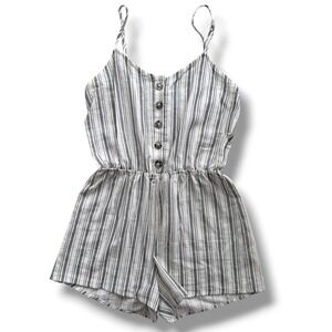 Heart & Hips Women S Cream Black Striped Linen Blend Tank V-Neck Romper Nautical
